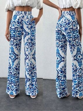 Blue Tile-Print Wide Leg Pants